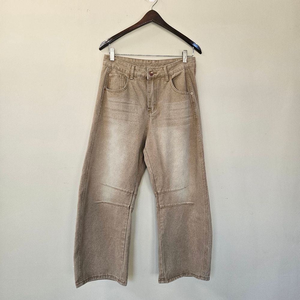 Faded Crazy Y2K Skater Style Baggy Wide Leg Denim Jeans Tan Cream Unbranded SZ L